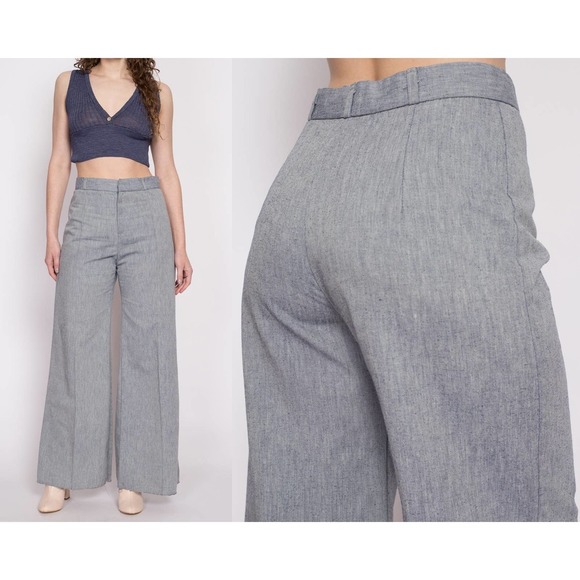 70s‎ Grey High Waisted Wide Leg Pants - Medium, 28" | Vintage Bell Bottoms - Picture 1 of 9